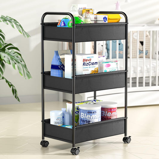 3 Tier Rolling Cart, YASONIC Storage Cart with Handle and Lockable Wheels,